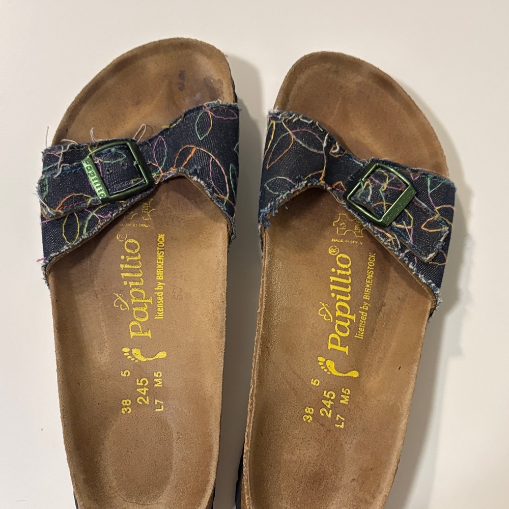 Papillio Black Denim Embroidered Buckle Slides